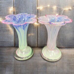 Vintage Flower Shaped Art Glass Vase Candle Stick Holder Set Multicolored Glass